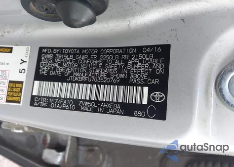 2016 Toyota Prius Two из США, поврежденный, VIN JTDKBRFU7G3520769